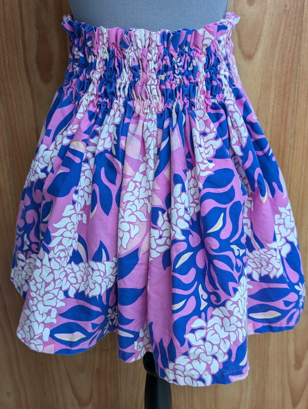 Nohea Made In Hawaii Pink Blue Floral Lei Smocked Waist Ruffle Skirt
